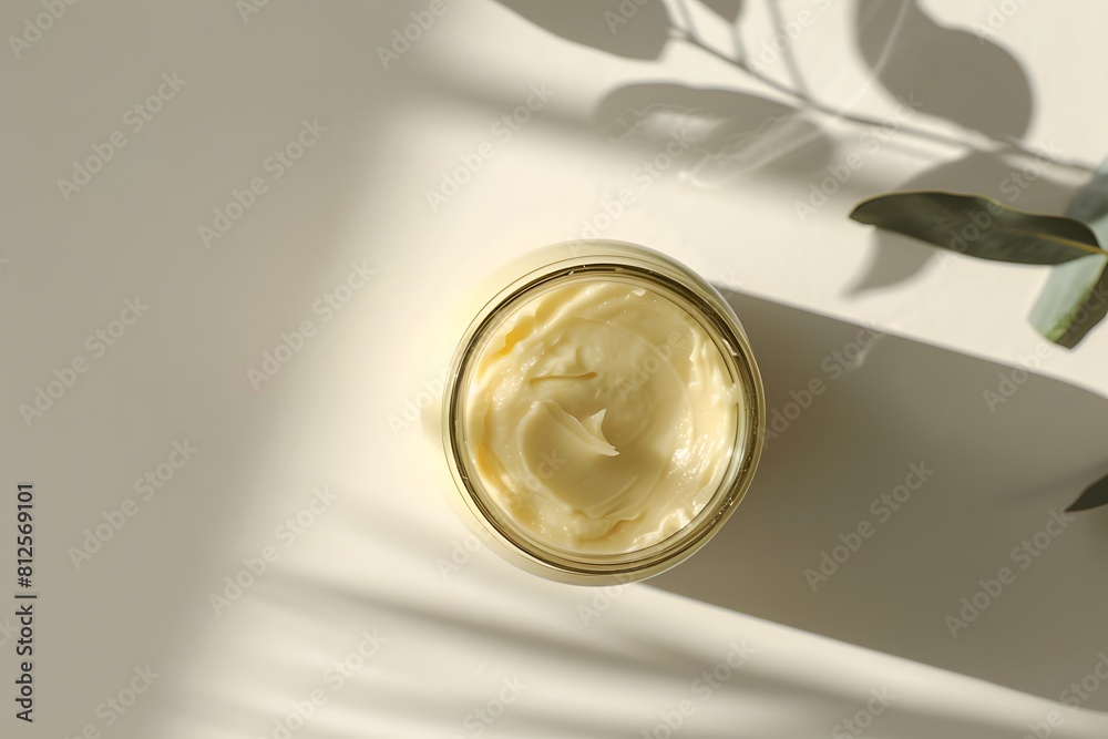 Cream texture product in package container top view. Cosmetic product for care to skin face. Cream texture product in package container top view. Cosmetic product for care to skin face.