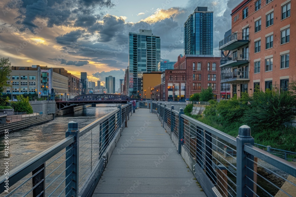 Third Ward's Milwaukee Riverwalk: Urban Landscape with Stunning River, Chicago Skyline View Third Ward's Milwaukee Riverwalk: Urban Landscape with Stunning River, Chicago Skyline View
