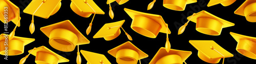 Vector illustration of golden shine graduate cap on black background. Caps thrown up pattern. 3d style design of congratulation graduates 2024 class with graduation hat