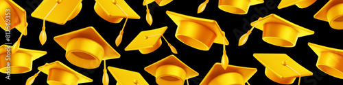 Vector illustration of golden shine graduate cap on black background. Caps thrown up pattern. 3d style design of congratulation graduates 2024 class with graduation hat photo