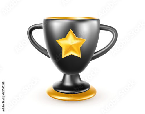 Vector illustration of black and golden color winner cup on white background with shadow. 3d style design of shine champion cup with star. First place award