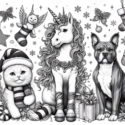 Many animals include dogs, cats, unicorns with ornaments image art lively card design illustrator.