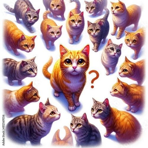Many cats with a question mark art realistic harmony card design illustrator.