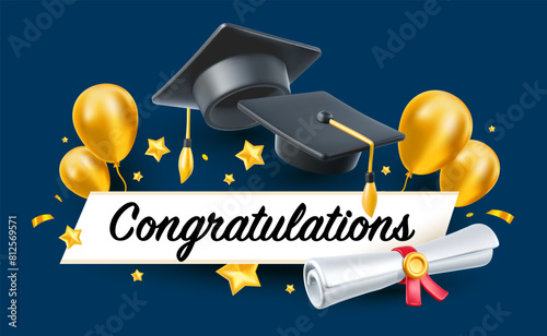 Vector illustration of graduate cap and diploma scroll on blue background. 3d style design of congratulation graduates 2024 class with graduation hat and air balloon. Congratulations word