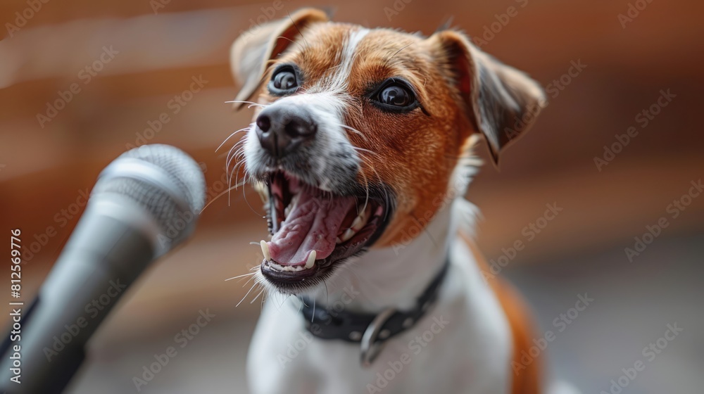 jack russell dog celebrating new years eve with champagne glass and singing out loud, with a microphone , isolated on white background Generative AI
