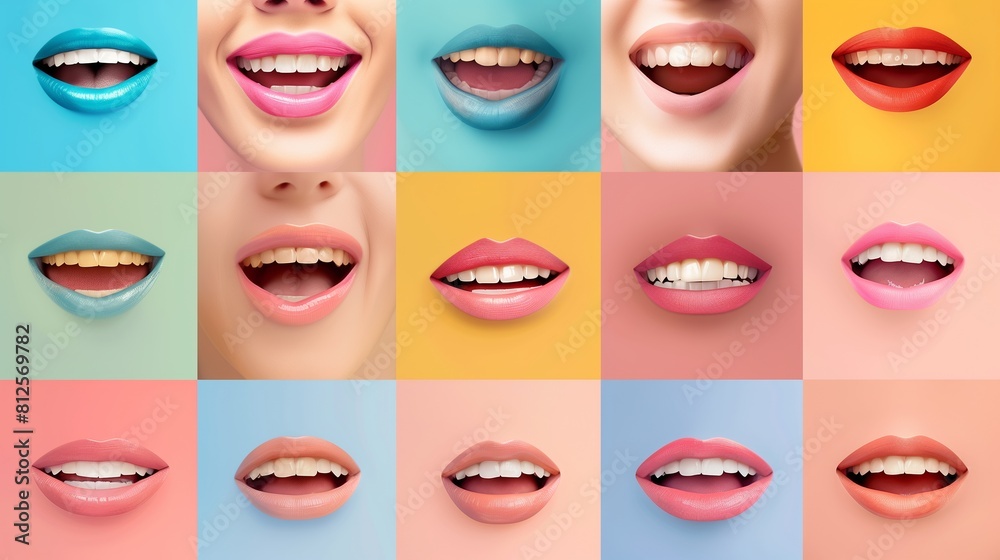 Fototapeta premium Collection of women's smiling mouths on pastel backgrounds.