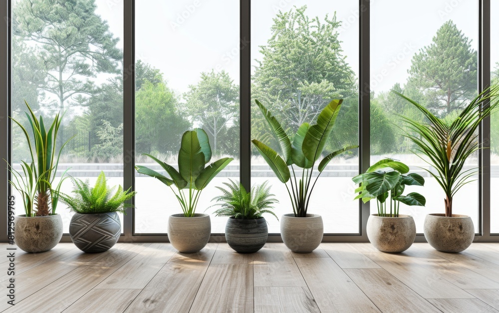 A row of potted plants sit on a wooden floor in front of a window. The plants are of various sizes and types, including a palm tree and a fern. Concept of calm and tranquility A row of potted plants sit on a wooden floor in front of a window. The plants are of various sizes and types, including a palm tree and a fern. Concept of calm and tranquility