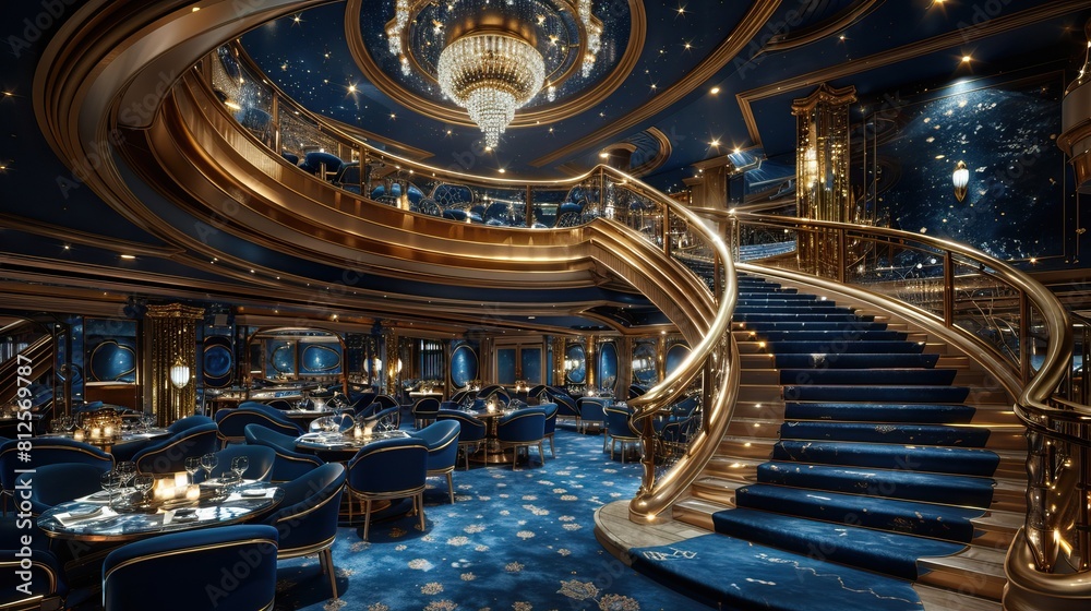 Luxurious cruise ship restaurant interior design with crystal ...