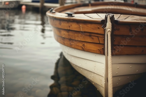 Close-up of a classic wooden rowboat moored at a tranquil lakeside, with gentle ripples and a blurred background