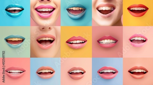 Collection of women's smiling mouths on pastel backgrounds.