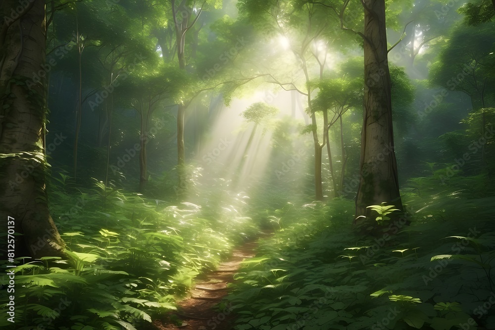 Sunlight filtering through lush green foliage in a dense forest, creating a magical dappled effect on the forest floor. 
