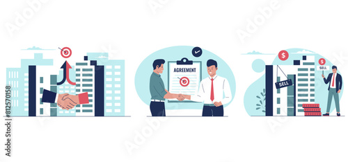 Mergers corporate and acquisitions concept. Flat illustration set