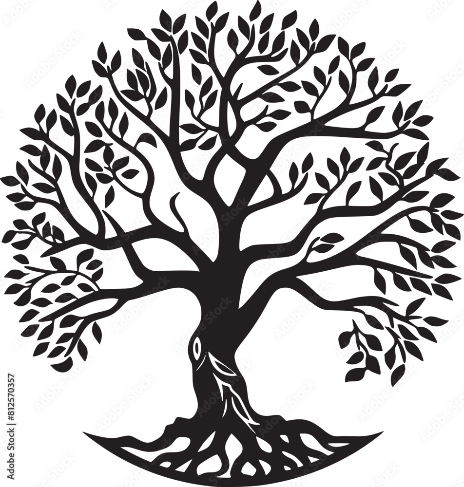 line art nature logo vector design oak tree inside circle, abstract tree logo symbol inside circle
