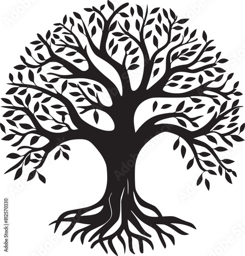 line art nature logo vector design oak tree inside circle, abstract tree logo symbol inside circle
