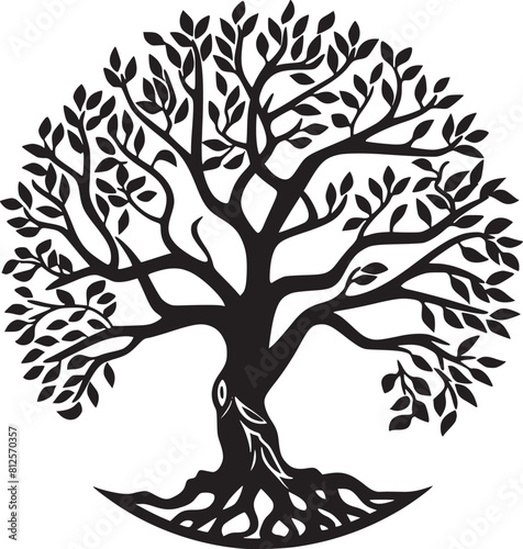 line art nature logo vector design oak tree inside circle, abstract tree logo symbol inside circle
