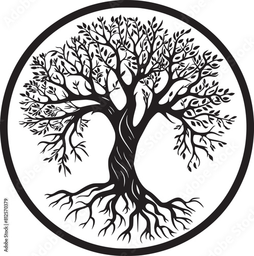 line art nature logo vector design oak tree inside circle, abstract tree logo symbol inside circle
