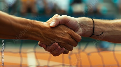 Two tennis players shaking hands at the net after a match. photo