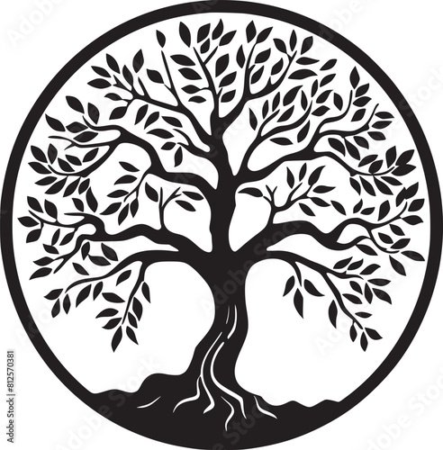 line art nature logo vector design oak tree inside circle, abstract tree logo symbol inside circle
