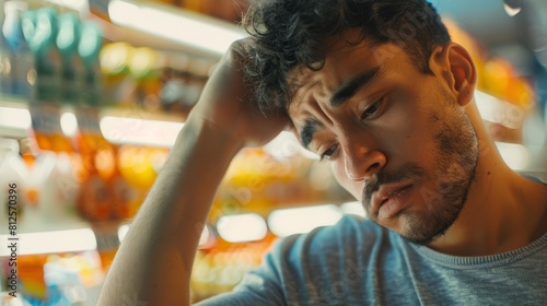 Close-up portrait of a sad and depressed young man in a supermarket