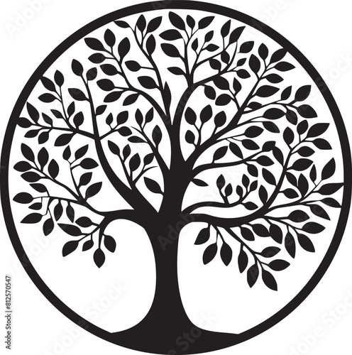 line art nature logo vector design oak tree inside circle, abstract tree logo symbol inside circle
