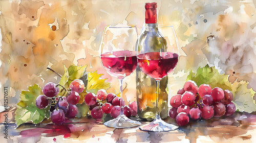 Impressionist Watercolor of Wine Bottle and Glasses with Grapes on a Table