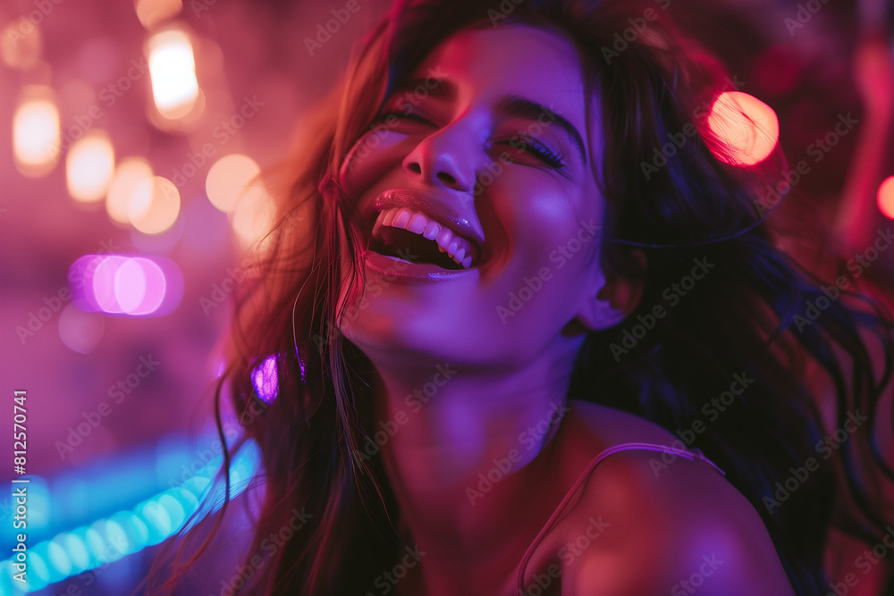 Attractive woman laughing at the camera, laughing at a party, with long dark hair, against a bokeh lights background at night time. Attractive woman laughing at the camera, laughing at a party, with long dark hair, against a bokeh lights background at night time.