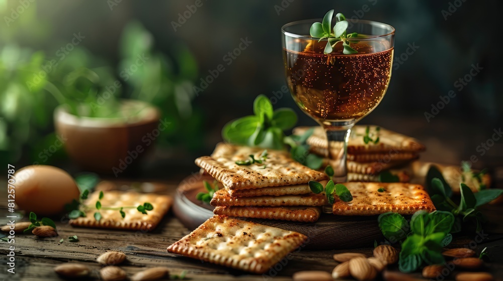 Jesish kiddush wine cup for passover with matzot, matzo bread. Pesah holiday. Banner with copy space. Christian communion concept for reminder of Jesus sacrifice. Easter passover Generative AI