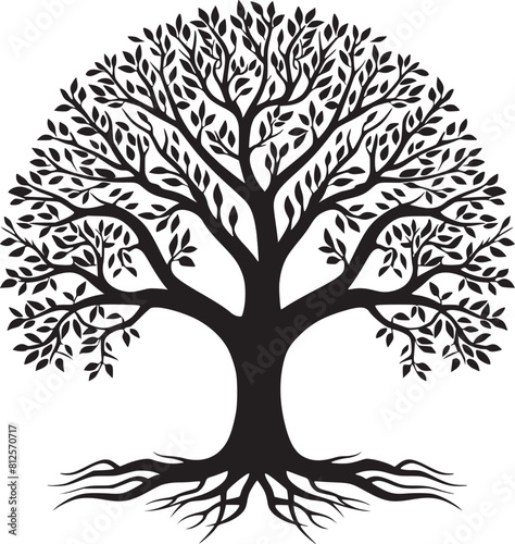 line art nature logo vector design oak tree inside circle, abstract tree logo symbol inside circle
