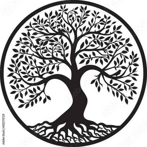 line art nature logo vector design oak tree inside circle, abstract tree logo symbol inside circle
