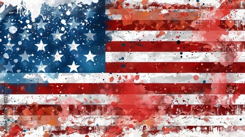 Artistically stylized and distressed American flag, combining elements of paint splatter and weathering to convey a sense of history and resilience. National flag day