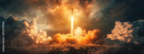 Powerful rocket takes off into a dramatic sunset sky with a blaze of glory photo