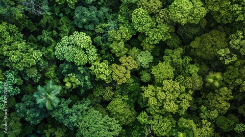 An enchanting aerial perspective reveals a lush forest canopy of verdant trees A drone survey captures the essence of abundant greenery symbolizing the absorption of CO2 This natural backdr