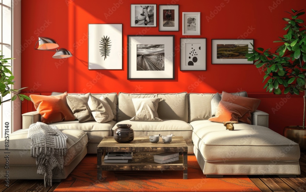 Fototapeta premium A living room with a red wall and a white couch. The couch is a sectional and has a white pillow on it. There are several framed pictures on the wall, including one with a leaf