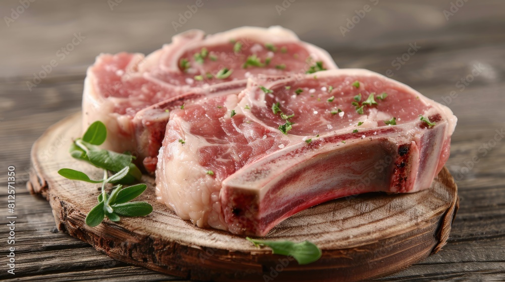 Uncooked Center Cut Pork Chops on Wooden Surface. Closeup of Three Juicy Pork Chops Ready Uncooked Center Cut Pork Chops on Wooden Surface. Closeup of Three Juicy Pork Chops Ready