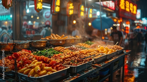 Chinese teen entrepreneur selling street food from a mobile cart in a busy market