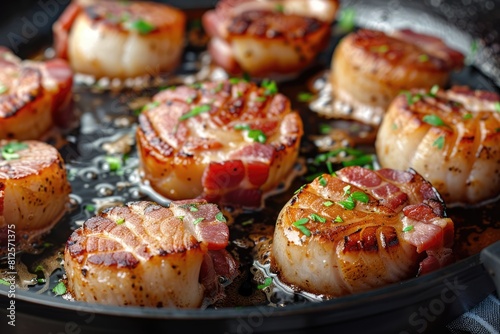 Closeup of Bacon Wrapped Scallops Cooking in Frying Pan, Delicious Delicacy for Background