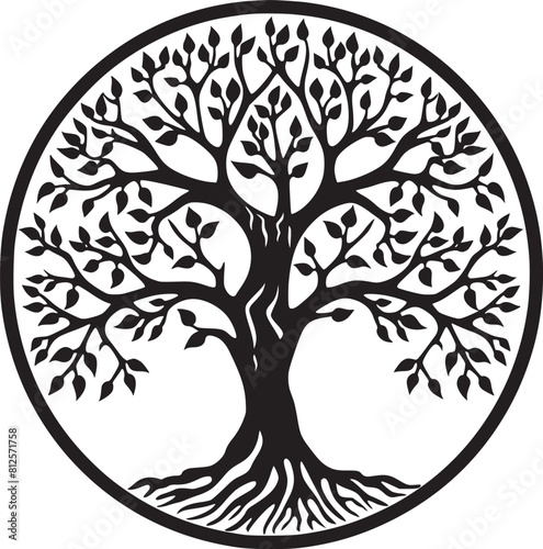 line art nature logo vector design oak tree inside circle, abstract tree logo symbol inside circle
