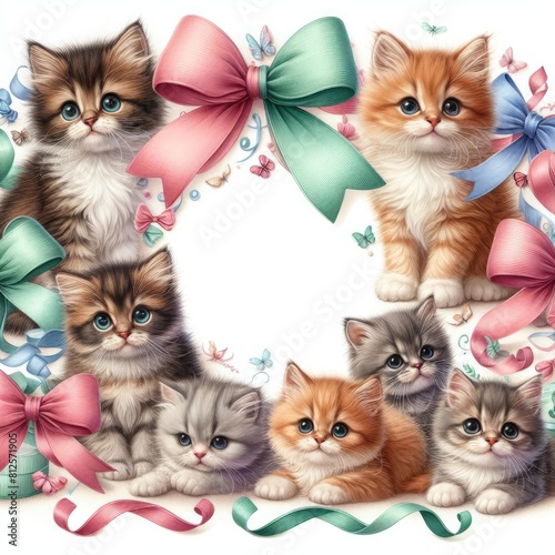 Many kittens and bows art attractive harmony card design illustrator.