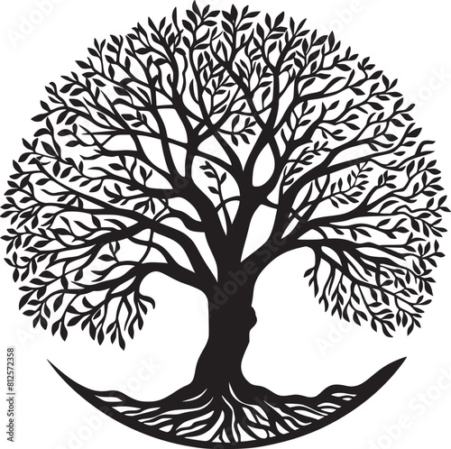 line art nature logo vector design oak tree inside circle, abstract tree logo symbol inside circle

