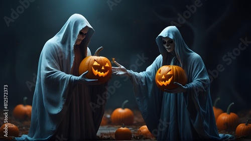 Two scary ghost exchanging pumpkin, fantasy halloween character, cinematic look, vibrant colors