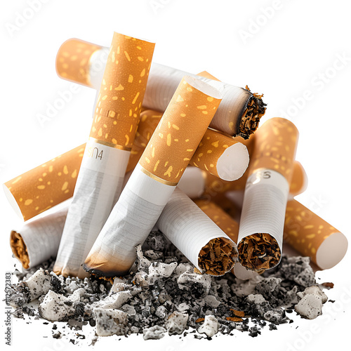 Cigarettes ash smoked stack on white or PNG tran, Top view cigarettes butts 