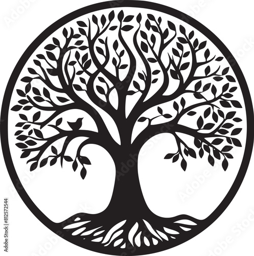 line art nature logo vector design oak tree inside circle, abstract tree logo symbol inside circle
