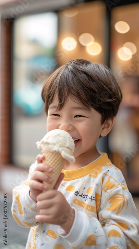 Asian boy with ice cream at summer