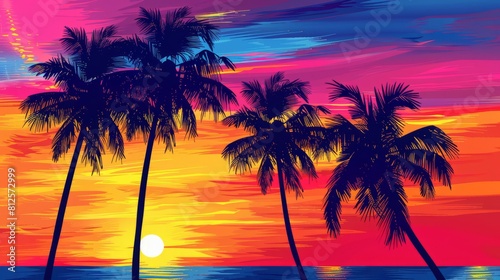 Silhouetted palm trees against the colorful hues of a beach holiday sunset