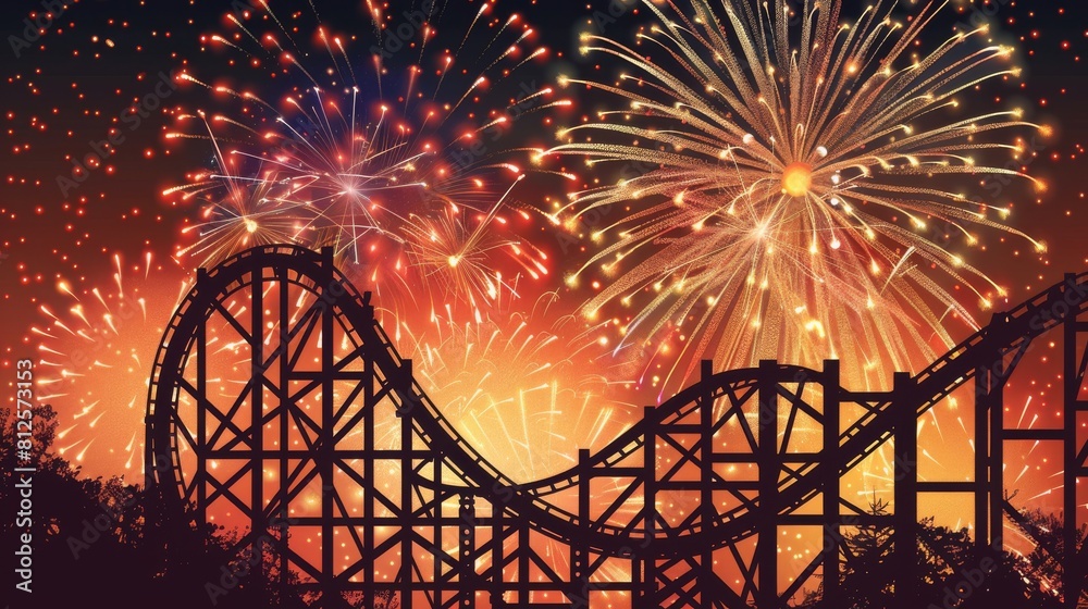 Silhouetted roller coaster with fireworks exploding in the background