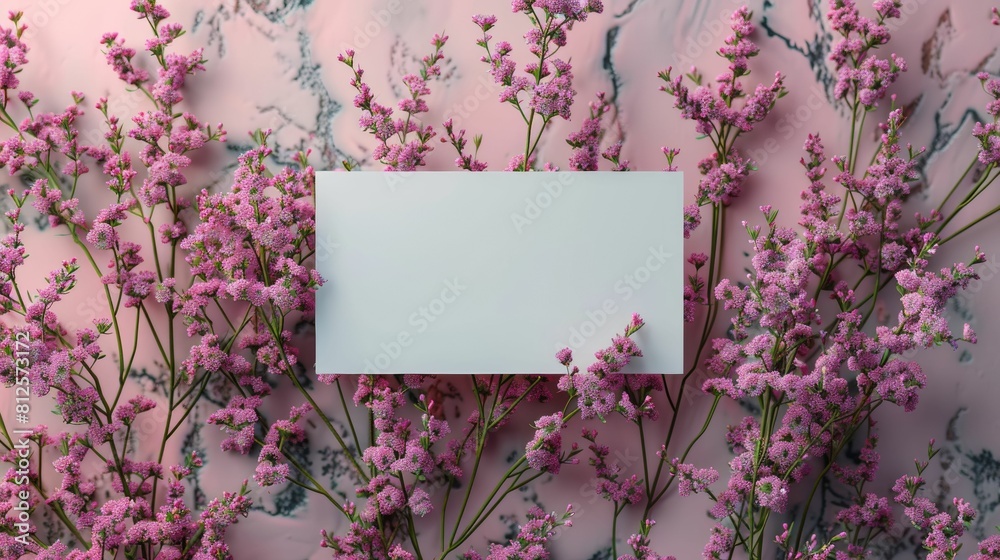 A white sign is placed in front of a bunch of pink flowers