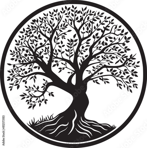 line art nature logo vector design oak tree inside circle, abstract tree logo symbol inside circle
