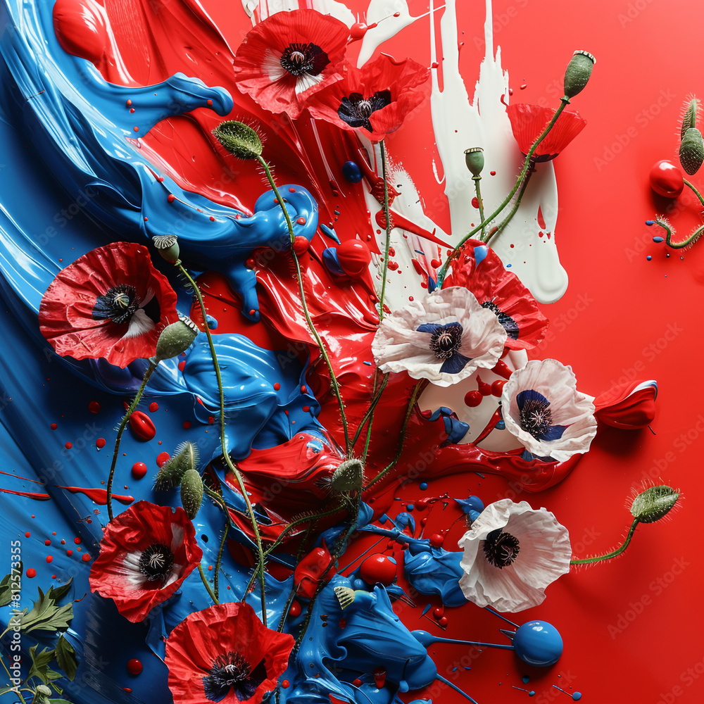 Naklejka premium Red, white, and blue paint with poppies artistically splashed, celebrating Memorial Day.