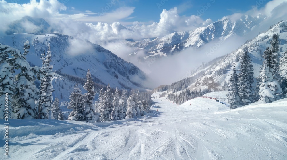 Spectacular Alpine View of Mountains from Snowbird Ski Resort. Blue Sky and Clouds as Downhill