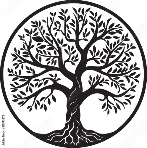 line art nature logo vector design oak tree inside circle, abstract tree logo symbol inside circle
